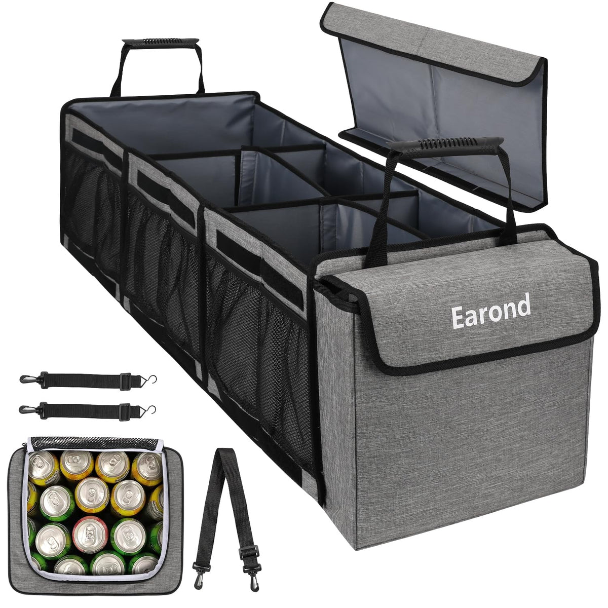 Collapsible Trunk Organizer with Insulated Leakproof Cooler Bag,Removable Lid,Adjustable Securing Straps,3 Compartments Trunk Organizer for SUV,Truck,Sedan(Grey & Black)