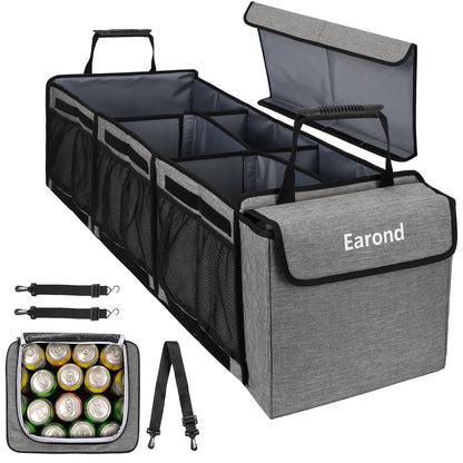 Collapsible Trunk Organizer with Insulated Leakproof Cooler Bag,Removable Lid,Adjustable Securing Straps,3 Compartments Trunk Organizer for SUV,Truck,Sedan(Grey & Black)