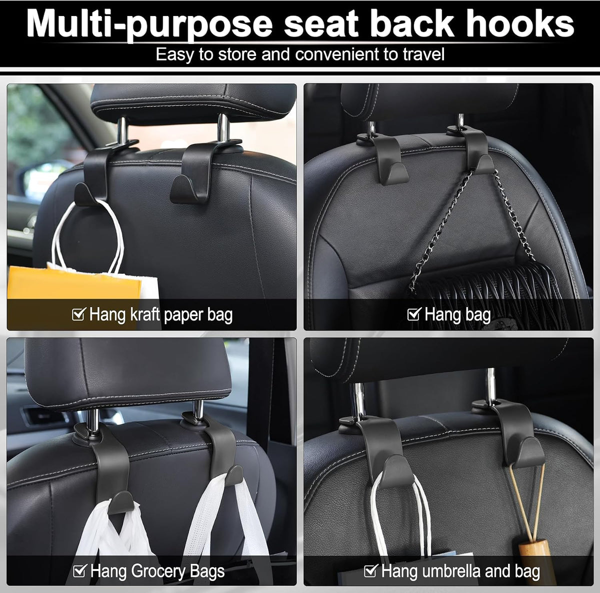 LivTee Car Seat Headrest Hook, Auto Seat Hook Hangers Storage Organizer Interior Accessories for Purse Coats Umbrellas Grocery Bags Handbag, 4-Pack