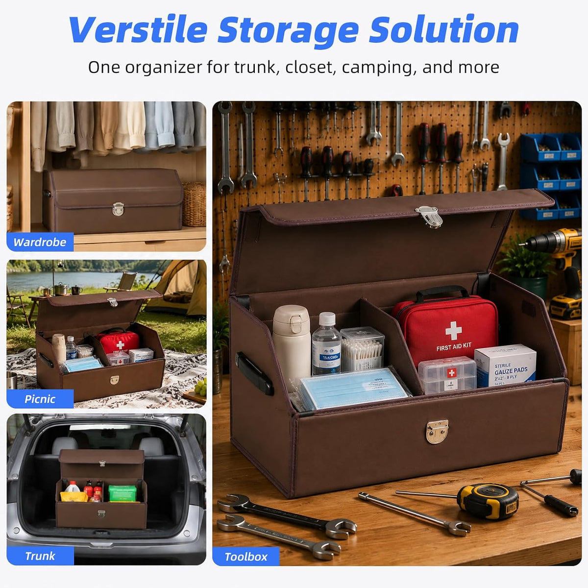Car Trunk Organizer with Sturdy Faux Leather Lid - 20.9 inches