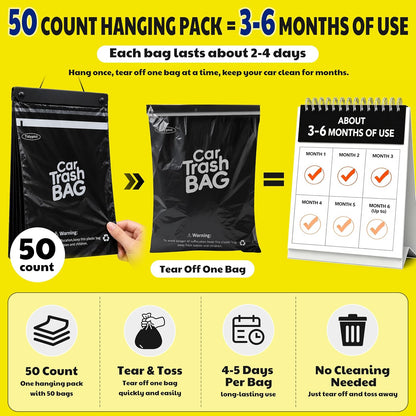 50 Bags Hanging Car Trash Bags Disposable, 2 Gallon Car Garbage Bags. Black