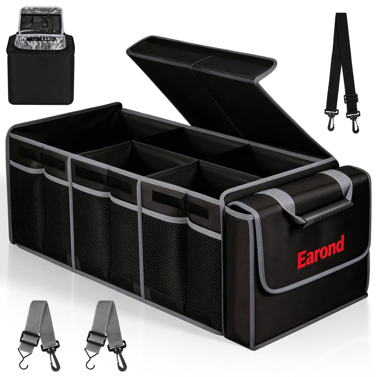 Collapsible Trunk Organizer with Insulated Leakproof Cooler Bag,Removable Lid,Adjustable Securing Straps,3 Compartments Trunk Organizer for SUV,Truck,Sedan(Grey & Black)