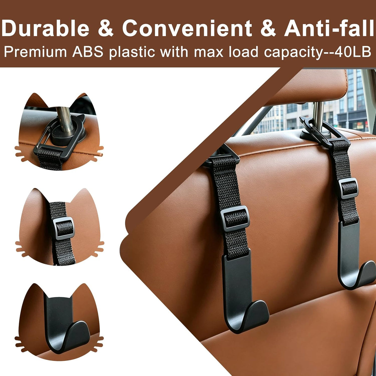 Anti-drop Car Headrest Hooks Universal Fit 4 Pack Seat Back Hanger