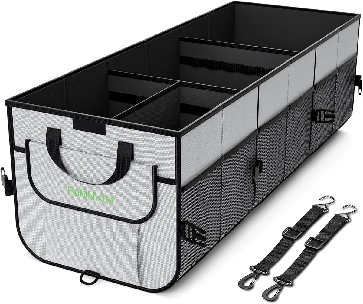 Simniam Car Trunk Organizer with Insulated Grocery Bag- 110L High Capacity Car Storage Box, with 4 Compartments, Reflective Strip, Cover, for Auto, SUV, Truck, Minivan