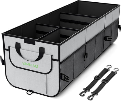 Simniam Car Trunk Organizer with Insulated Grocery Bag- 110L High Capacity Car Storage Box, with 4 Compartments, Reflective Strip, Cover, for Auto, SUV, Truck, Minivan