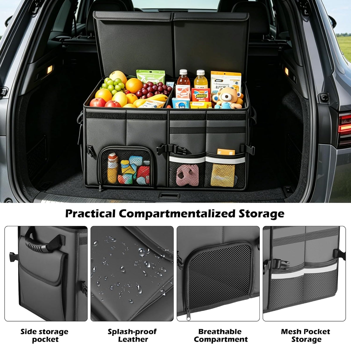 Car Trunk Organizer, 2 Compartments Car Storage Box with Lip