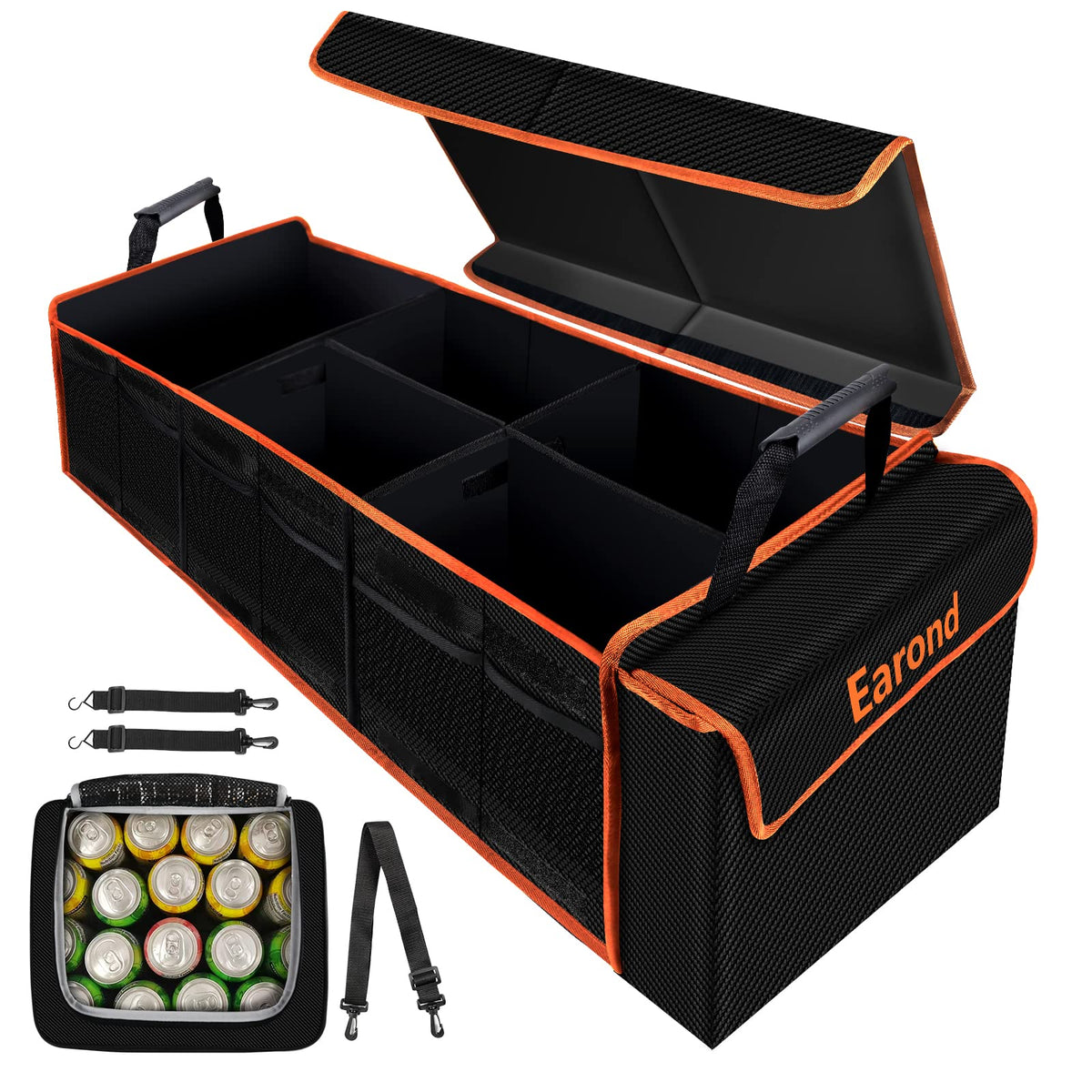 Collapsible Trunk Organizer with Insulated Leakproof Cooler Bag,Removable Lid,Adjustable Securing Straps,3 Compartments Trunk Organizer for SUV,Truck,Sedan(Grey & Black)