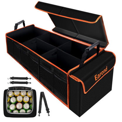Collapsible Trunk Organizer with Insulated Leakproof Cooler Bag,Removable Lid,Adjustable Securing Straps,3 Compartments Trunk Organizer for SUV,Truck,Sedan(Grey & Black)