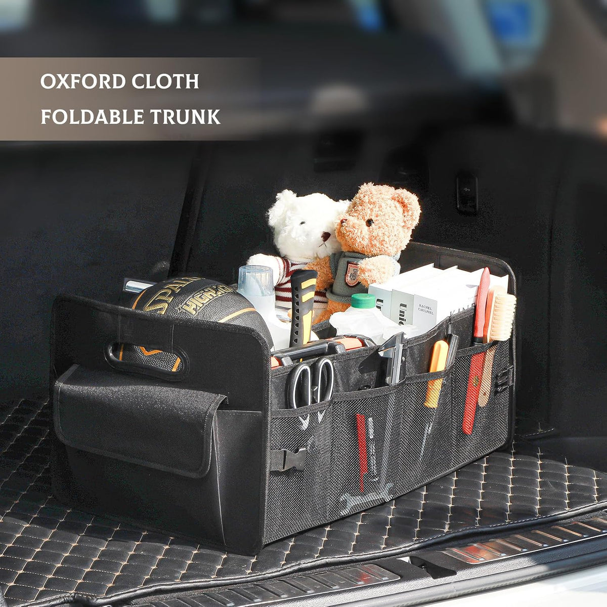 JiatuA Car Trunk Organizer, Car Organizers and Storage Collapsible Multi Compartment Container Box, Adjustable Car Accessories for SUV Sedan Truck, Standard Size, Black