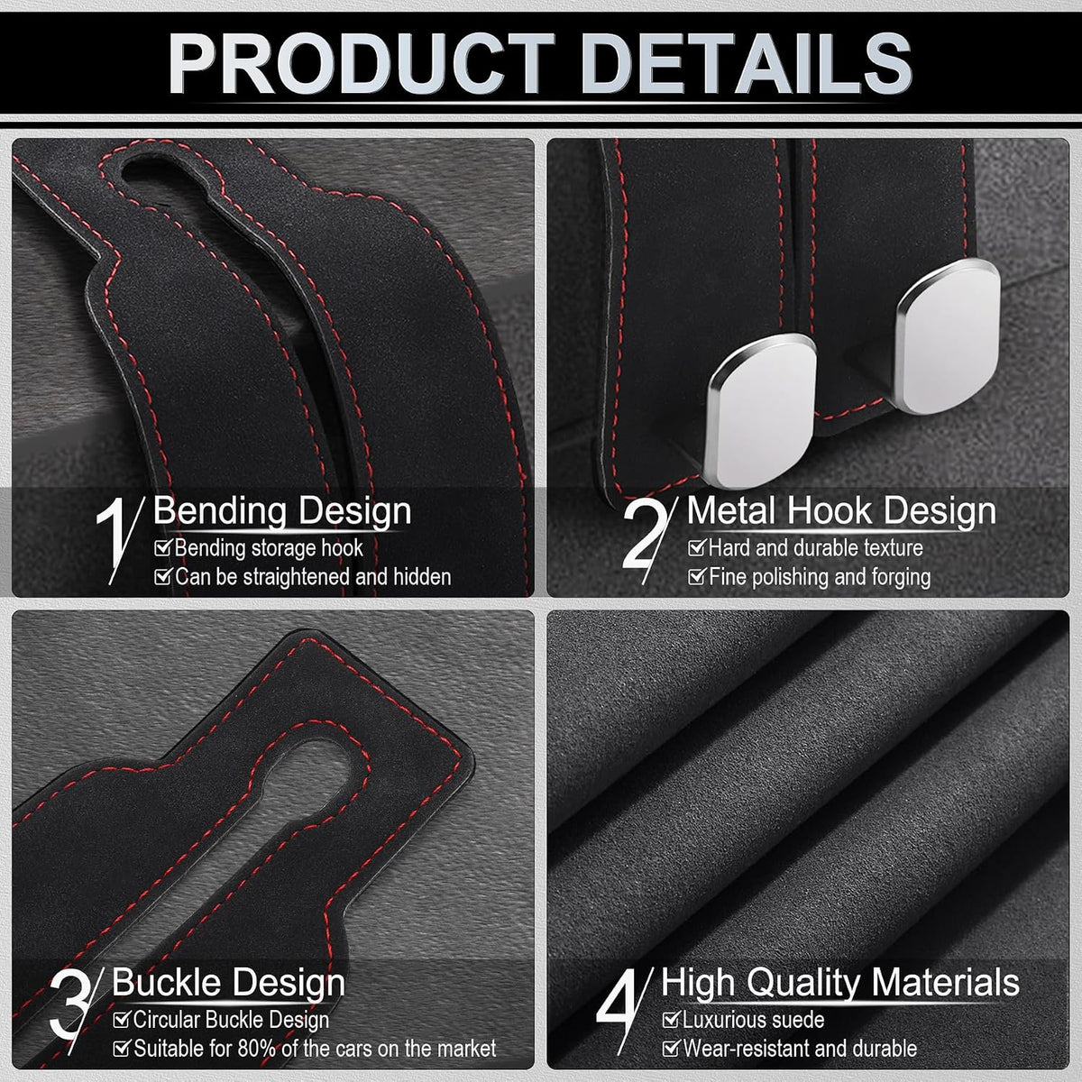 LivTee Car Hook, 2-Pack Leather & Iron Headrest Mount Hangers for Bags, Coats & Phones (Black)