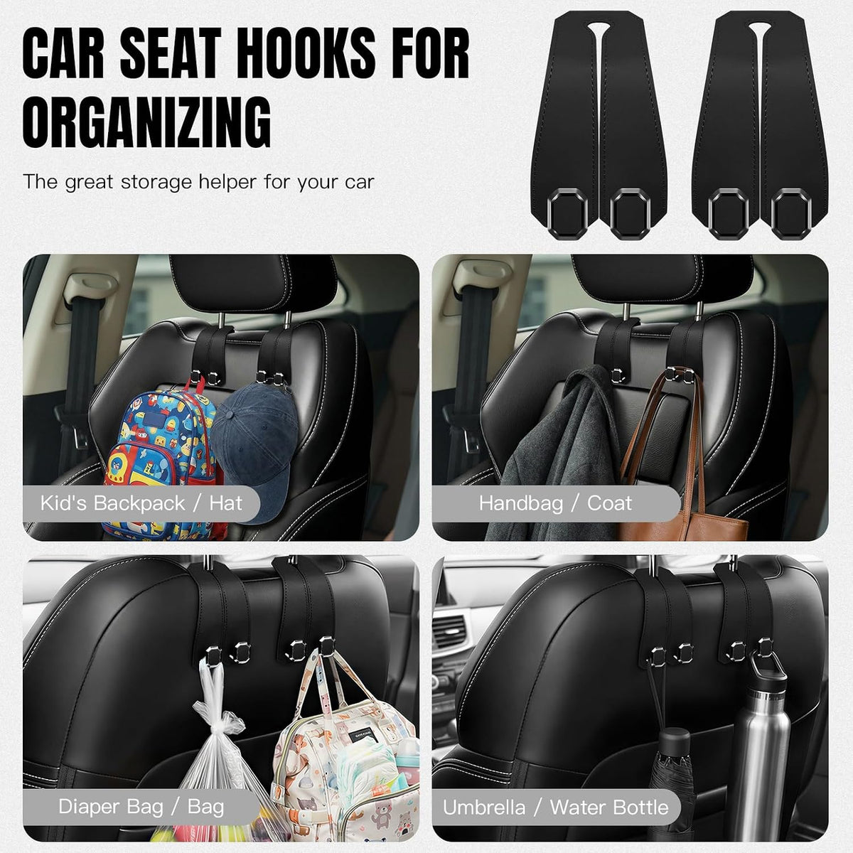 2PCS Car Hooks for Headrest, Faux Leather Purse Hook for Car Seat Back Organizers and Storage, Double Metal Purse Holder Bag Hanger, Universal Car Interior Accessories for Women Man