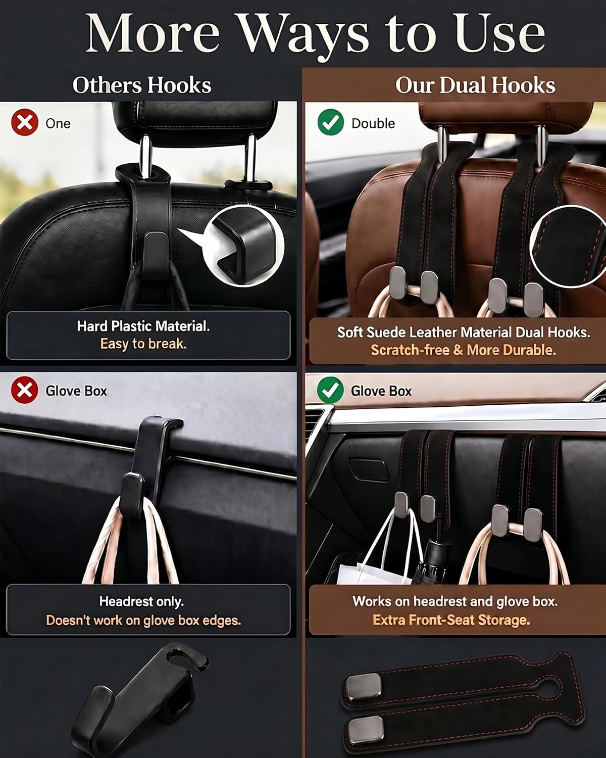 Purse Hook for Car, Headrest or Glove Box Use, Black 2 Pack