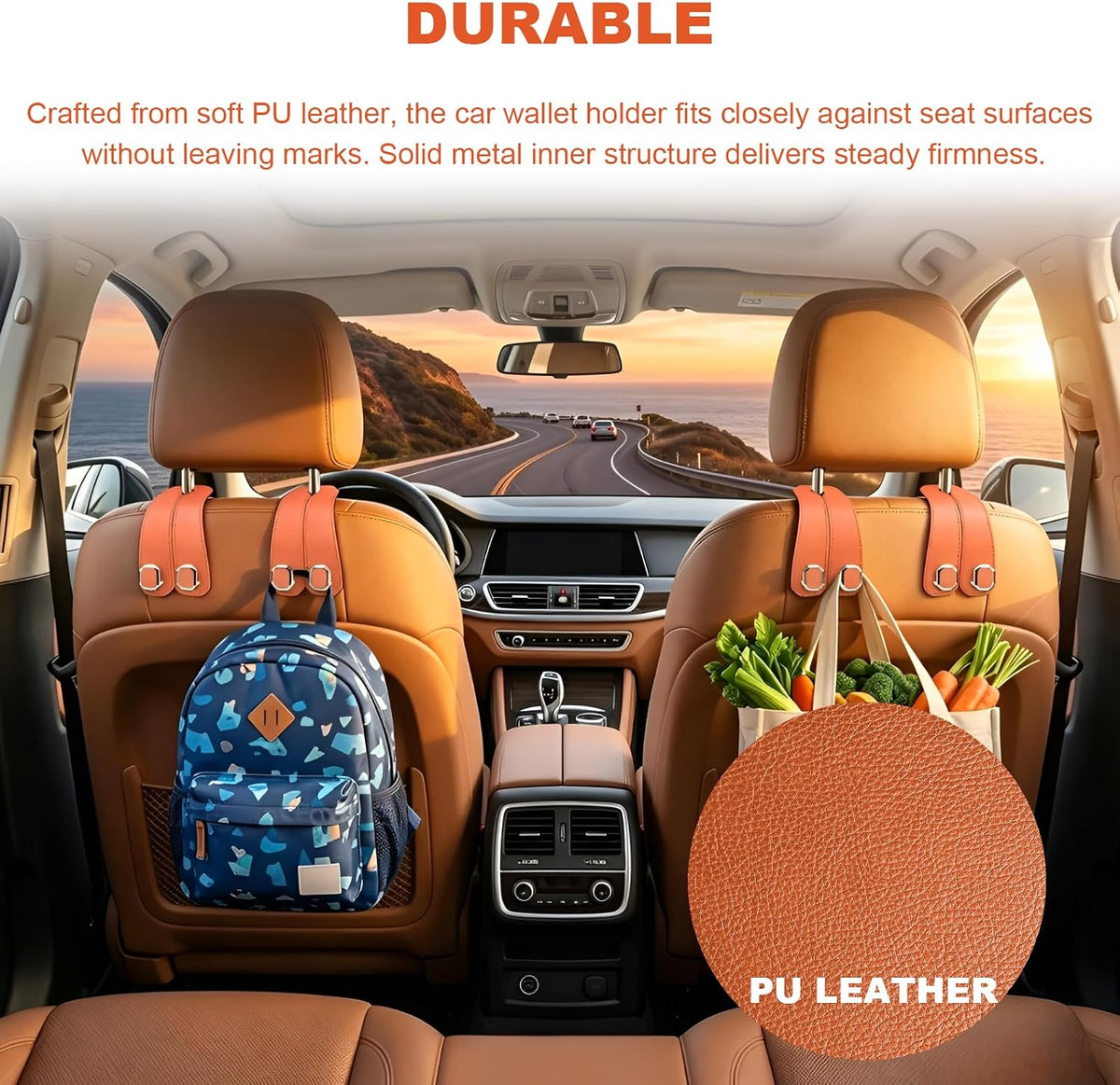 2 PCS Car Seat Headrest Hooks, Double Metal Hook Auto Headrest Back Seat Storage Organizer, Leather Bag Purse Hanger Interior Organizer for Most Vehicles, Car Accessories (Orange)