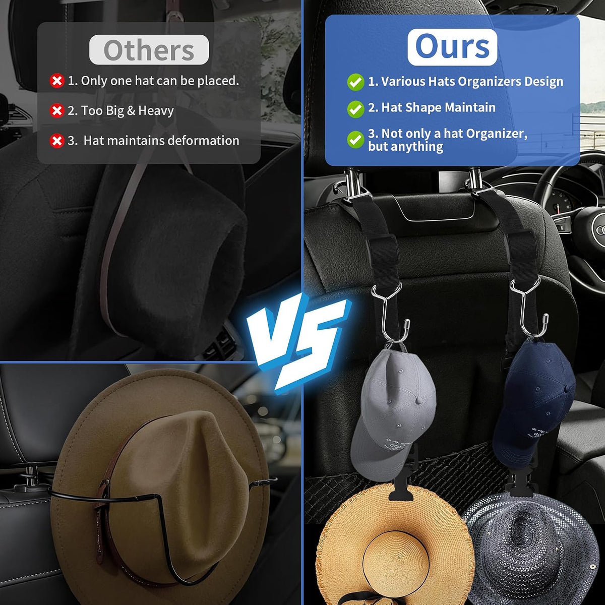 2PCS Anti-drop Headrest Hooks for Car, Adjustable Car Seat Headrest Hooks