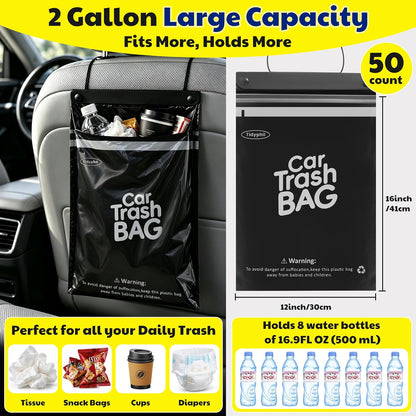 50 Bags Hanging Car Trash Bags Disposable, 2 Gallon Car Garbage Bags. Black