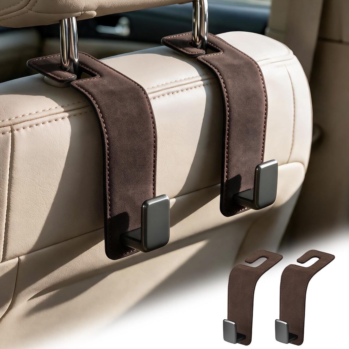 Amooca Suede Car Seat Hook 2 Pack Metal Headrest Hanger for Handbag