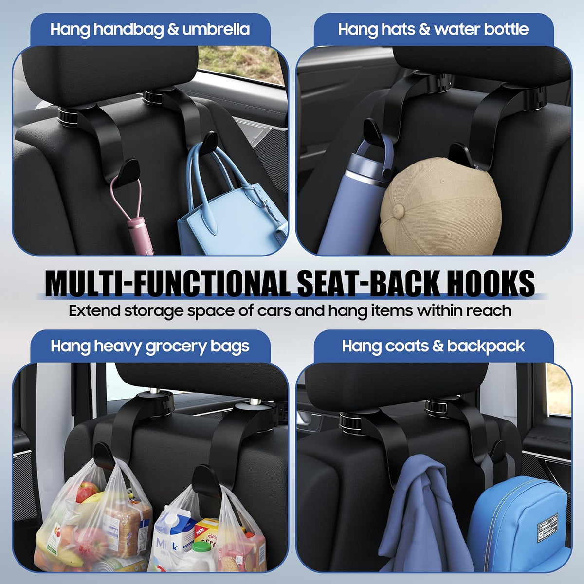 Amooca Anti-Drop Car Seat Hooks with Adjustable Hasp for Bags