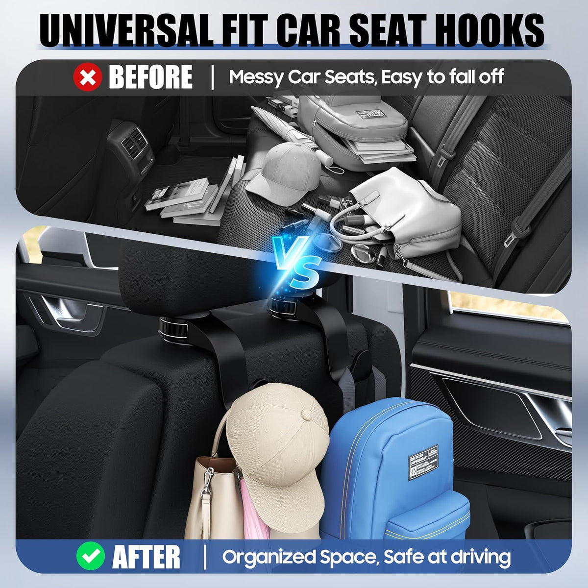 Amooca Anti-Drop Car Seat Hooks with Adjustable Hasp for Bags