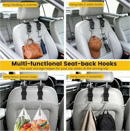 Amooca Adjustable 4 Pack Car Headrest Hooks Heavy Duty Metal Bag Hanger