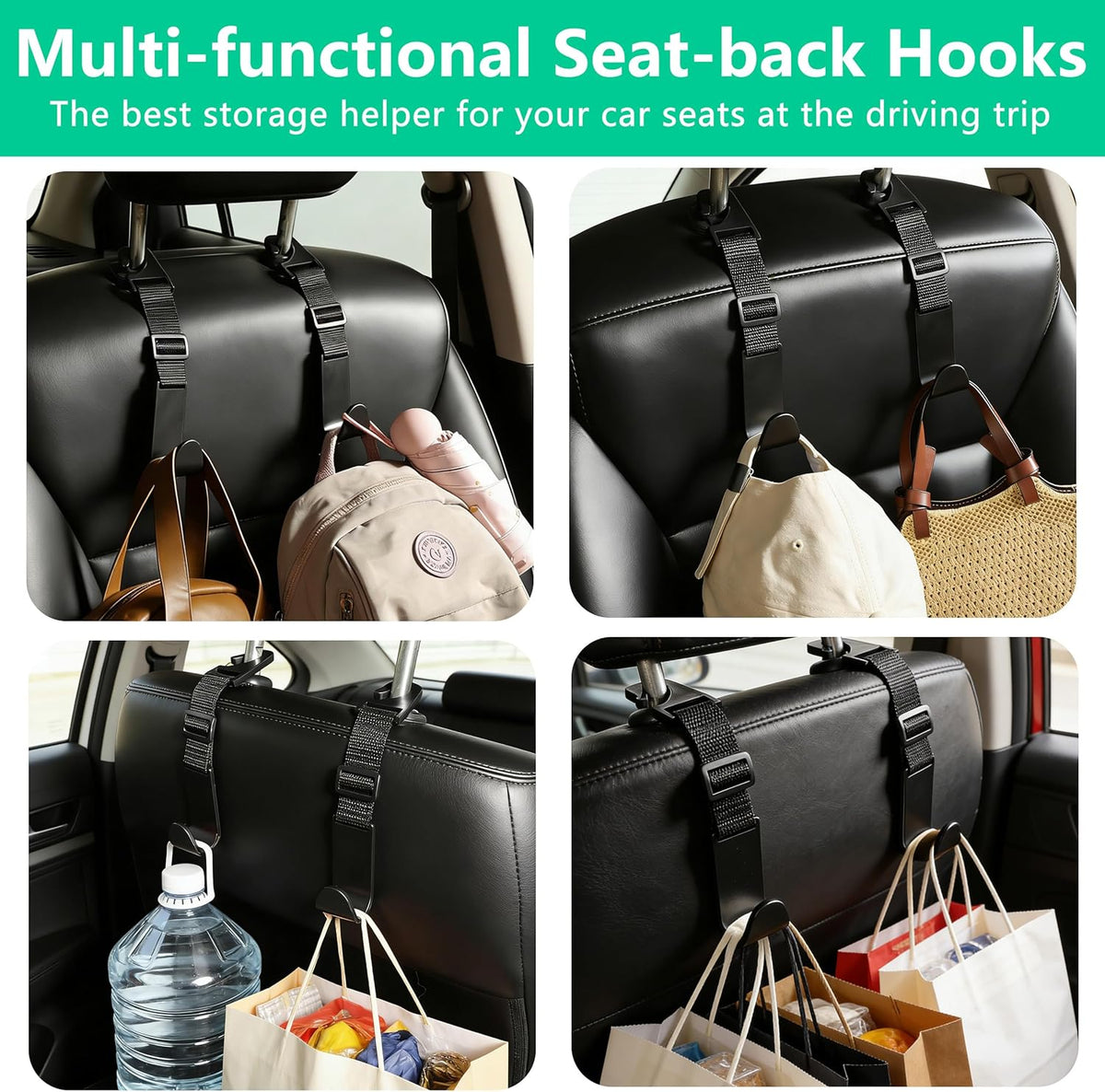 Amooca Adjustable Car Headrest Hooks 4 Pack Vehicle Seat Hanger for Bags