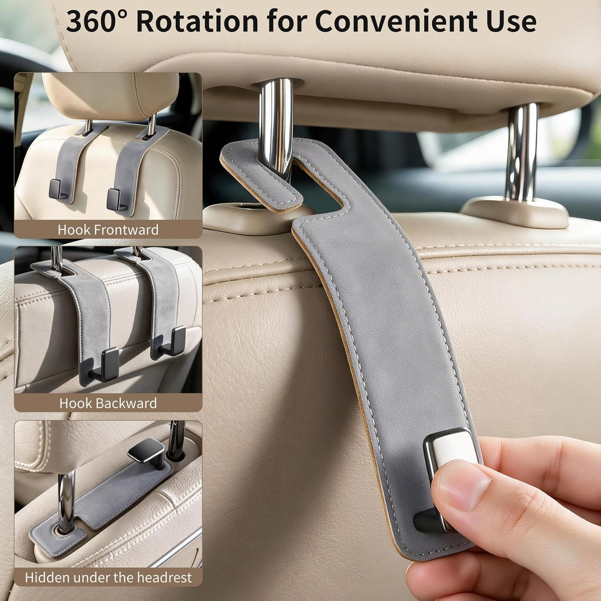 Amooca Suede Car Seat Hook 2 Pack Metal Headrest Hanger for Handbag